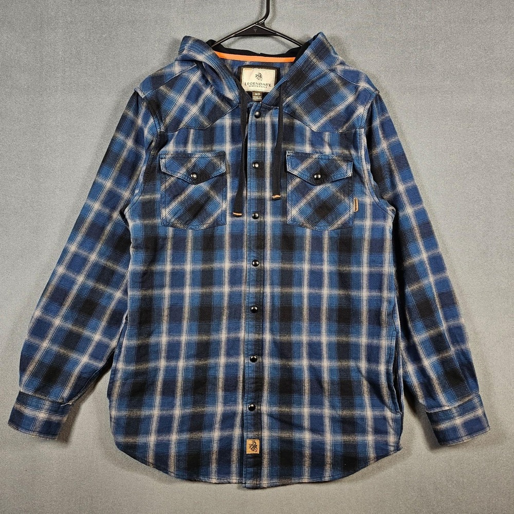 Legendary Whitetails Shirt Jacket Mens Medium Blue Plaid Hooded Flannel Shacket